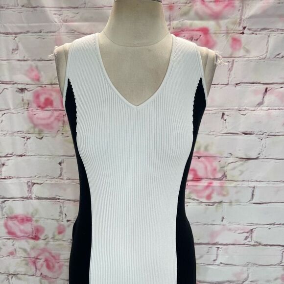 GSTQ NWT white black color block Ribbed V-Neck midi Dress size small - Picture 5 of 13